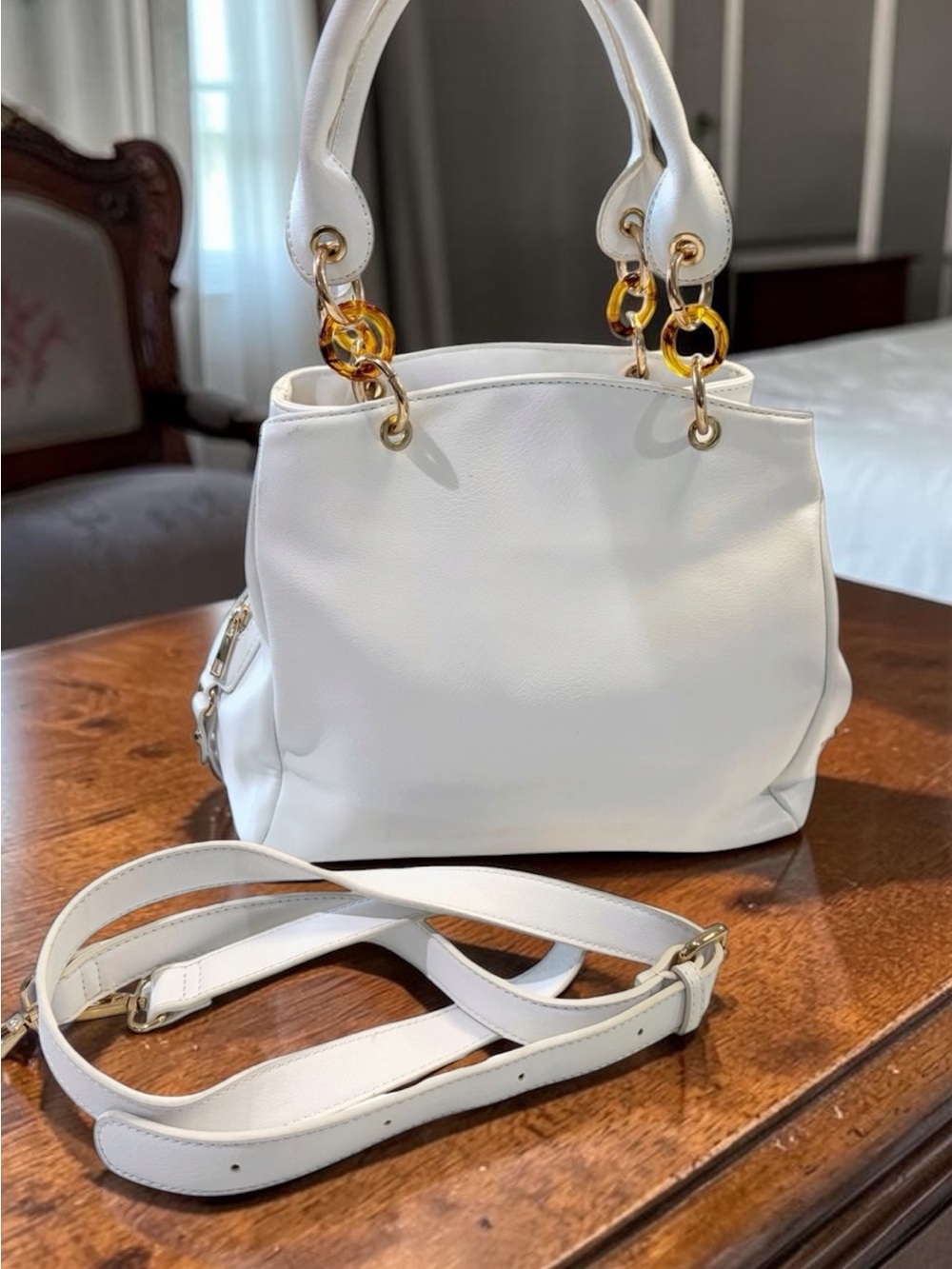 White Satchel Tote Handbag – Gold & tortoise Chain w/ Crossbody Strap EST 1946